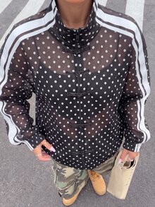 SHEIN EZwear Plus Size Women's Polka Dot Pattern Side Stripe Frog Button Front Jacket - Black and White - View 2