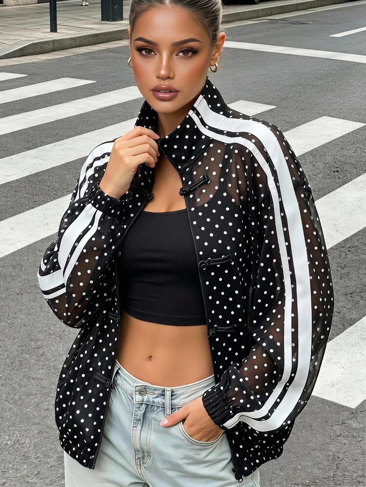 SHEIN EZwear 大尺碼女款波點圖案側條紋青蛙鈕扣前開襟夾克 - 黑與白 - 查看 6