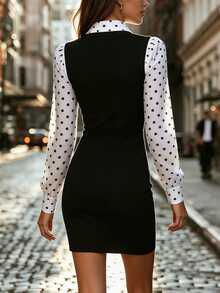 Balvessa Gaun Pendek Patchwork Bahan Campuran Motif Polkadot Musim Gugur/Dingin 2026 untuk Wanita - Hitam dan Putih - View 3