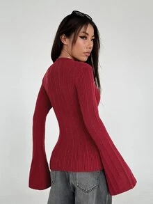 Flirla 1pc Women's Solid Color Flare Sleeve Sweater, Slim Fit Casual Pullover For Everyday Wear Knit Pullover Fall Winter - Burgundy - View 2