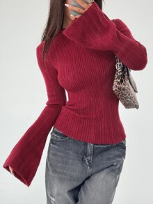 Flirla 1pc Women's Solid Color Flare Sleeve Sweater, Slim Fit Casual Pullover For Everyday Wear Knit Pullover Fall Winter - Burgundy - View 5