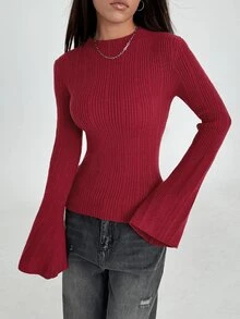 Flirla 1pc Women's Solid Color Flare Sleeve Sweater, Slim Fit Casual Pullover For Everyday Wear Knit Pullover Fall Winter - Burgundy - View 7
