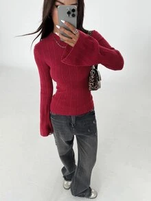 Flirla 1pc Women's Solid Color Flare Sleeve Sweater, Slim Fit Casual Pullover For Everyday Wear Knit Pullover Fall Winter - Burgundy - View 6