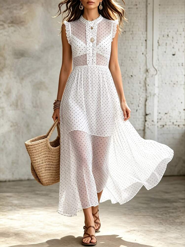 SHEIN Women's Summer Dress With Round Neck, Small Flutter Sleeves, Button-Front Placket With Fabric Trim, Ruffle Design, Elastic Waist, Black Lining, Polka Dot Woven Fabric, Casual, Versatile, Elegant, French Vacation Style, Summer Dress, Summer Clothing, Party Dress - White - View 6
