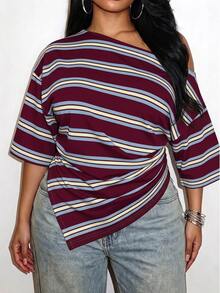 Slaydiva Plus Size Women's Striped Casual Everyday T-Shirt - Pink - View 5