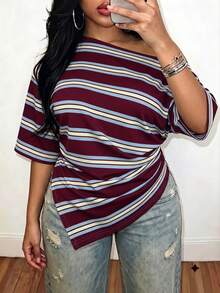 Slaydiva Plus Size Women's Striped Casual Everyday T-Shirt - Pink - View 3