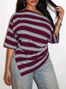 Slaydiva Plus Size Women's Striped Casual Everyday T-Shirt - Pink - View 4