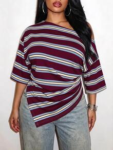 Slaydiva Plus Size Women's Striped Casual Everyday T-Shirt - Pink - View 1