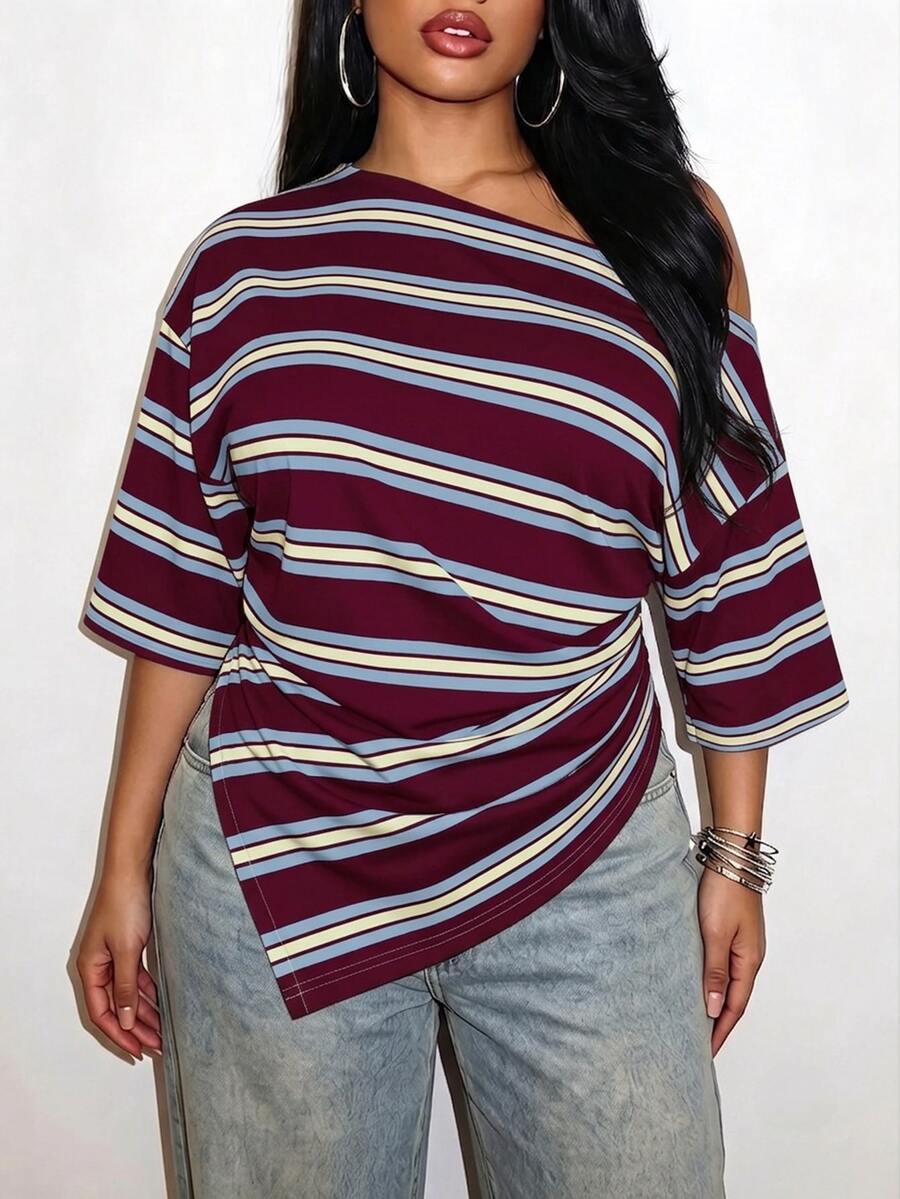 Slaydiva Plus Size Women's Striped Casual Everyday T-Shirt - Pink - View 1