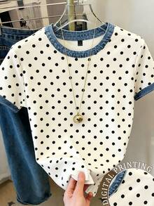 Resyla Atasan Kasual Sehari-hari Wanita Ukuran Besar Motif Polkadot dengan Trim Kontras - MultiWarna - View 1