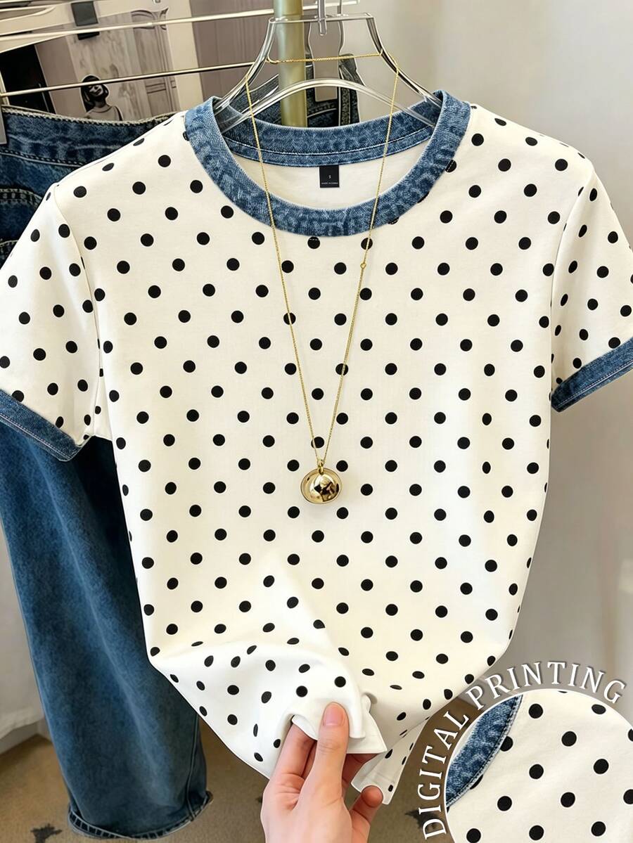 Resyla Atasan Kasual Sehari-hari Wanita Ukuran Besar Motif Polkadot dengan Trim Kontras - MultiWarna - View 1