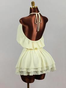 BamGleam Women's Solid Color Pleated Fashion Halter Neck Dress For Dating And Outings - Apricot - View 2