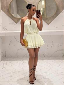 BamGleam Women's Solid Color Pleated Fashion Halter Neck Dress For Dating And Outings - Apricot - View 5