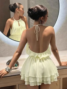 BamGleam Women's Solid Color Pleated Fashion Halter Neck Dress For Dating And Outings - Apricot - View 1
