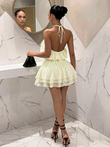 BamGleam Women's Solid Color Pleated Fashion Halter Neck Dress For Dating And Outings - Apricot - View 4