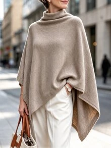 LUMIGAL Women's Elegant Asymmetric Cape Knit Top, Autumn/Winter - Camel - View 6
