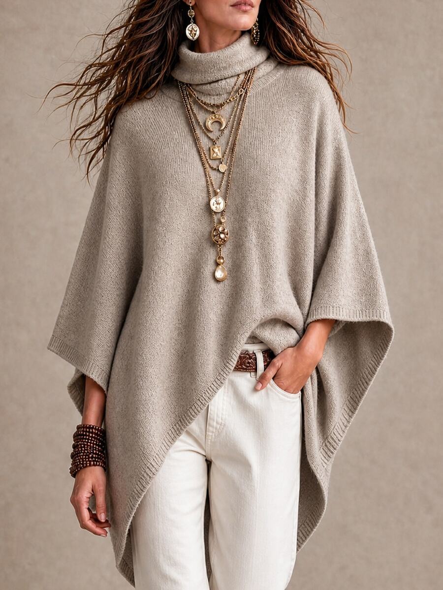 LUMIGAL Women's Elegant Asymmetric Cape Knit Top, Autumn/Winter - Camel - View 1