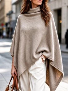 LUMIGAL Women's Elegant Asymmetric Cape Knit Top, Autumn/Winter - Camel - View 3