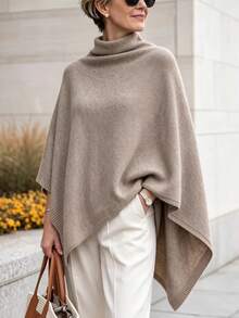 LUMIGAL Women's Elegant Asymmetric Cape Knit Top, Autumn/Winter - Camel - View 5