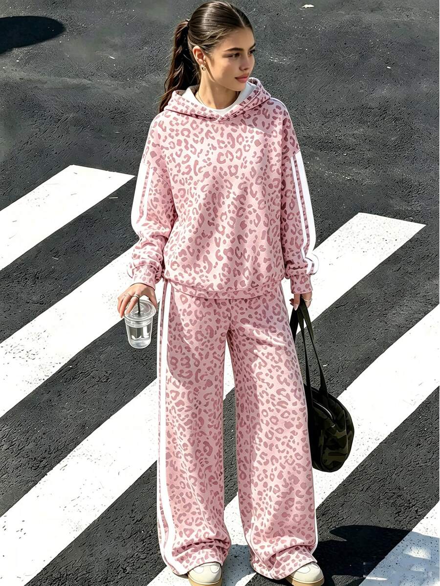 Teen Girls Fall Outfits Pink Leopard Print Hooded Sweatshirt & Pants Set Casual Autumn Winter Daily Wear - Multicolor - View 1