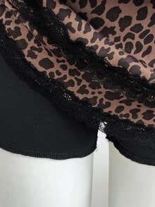 Elamini Women's Autumn Black Leopard Print Patchwork 2 In 1 Top + Ruffle Mini Skirt 2 Pieces Set Party Everyday School Gathering Daily Wear Brown Y2k Cute - Black - View 7