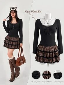 Elamini Women's Autumn Black Leopard Print Patchwork 2 In 1 Top + Ruffle Mini Skirt 2 Pieces Set Party Everyday School Gathering Daily Wear Brown Y2k Cute - Black - View 1