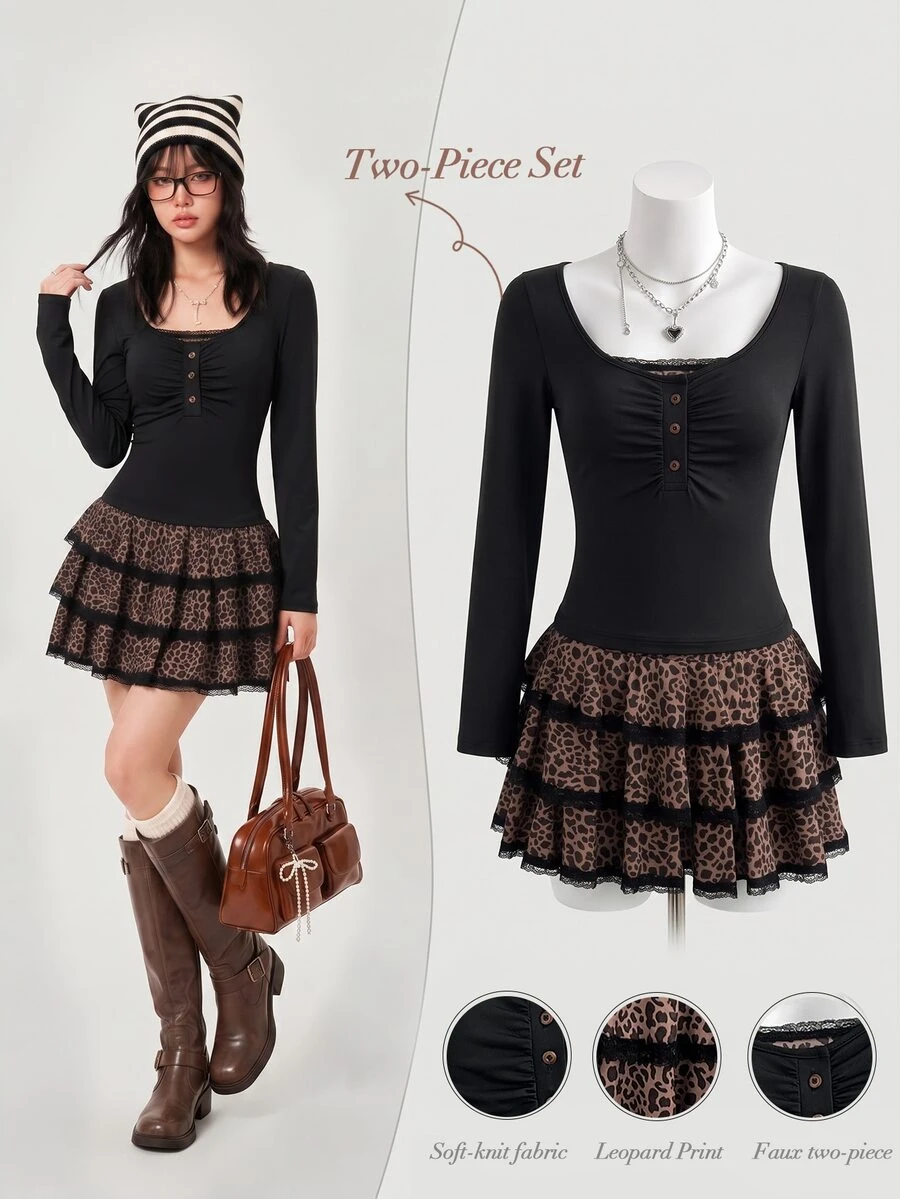Elamini Women's Autumn Black Leopard Print Patchwork 2 In 1 Top + Ruffle Mini Skirt 2 Pieces Set Party Everyday School Gathering Daily Wear Brown Y2k Cute - Black - View 1