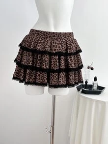 Elamini Women's Autumn Black Leopard Print Patchwork 2 In 1 Top + Ruffle Mini Skirt 2 Pieces Set Party Everyday School Gathering Daily Wear Brown Y2k Cute - Black - View 6