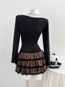 Elamini Women's Autumn Black Leopard Print Patchwork 2 In 1 Top + Ruffle Mini Skirt 2 Pieces Set Party Everyday School Gathering Daily Wear Brown Y2k Cute - Black - View 2