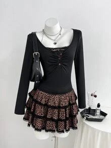 Elamini Women's Autumn Black Leopard Print Patchwork 2 In 1 Top + Ruffle Mini Skirt 2 Pieces Set Party Everyday School Gathering Daily Wear Brown Y2k Cute - Black - View 3