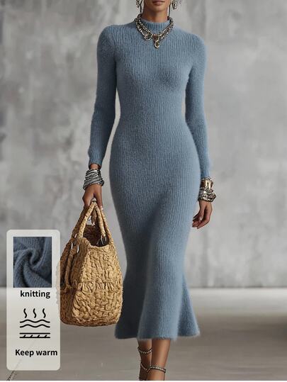 Solivie Women's Autumn/Winter Long Sweater Dress, Grey-Blue Mermaid Tail Knit Dress Elegant Long Dresses Graduation Dress