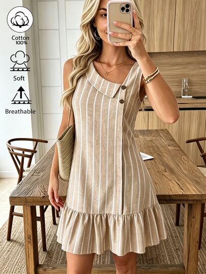 Yunfilé Vestido de verano casual para mujer con cuello asimétrico y decoración de botones, adecuado para uso diario y vacaciones, color blanco