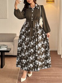 Vionelle 大尺碼女款法式休閒優雅夏季/緹花長袖洋裝 早午餐茶會 白色秋季 - 咖啡棕 - 查看 3
