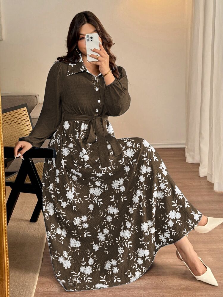 Vionelle Plus Size Women's French Casual Elegant Summer/ Jacquard Long Sleeve Dress Brunch Tea Party White Fall - Coffee Brown - View 4