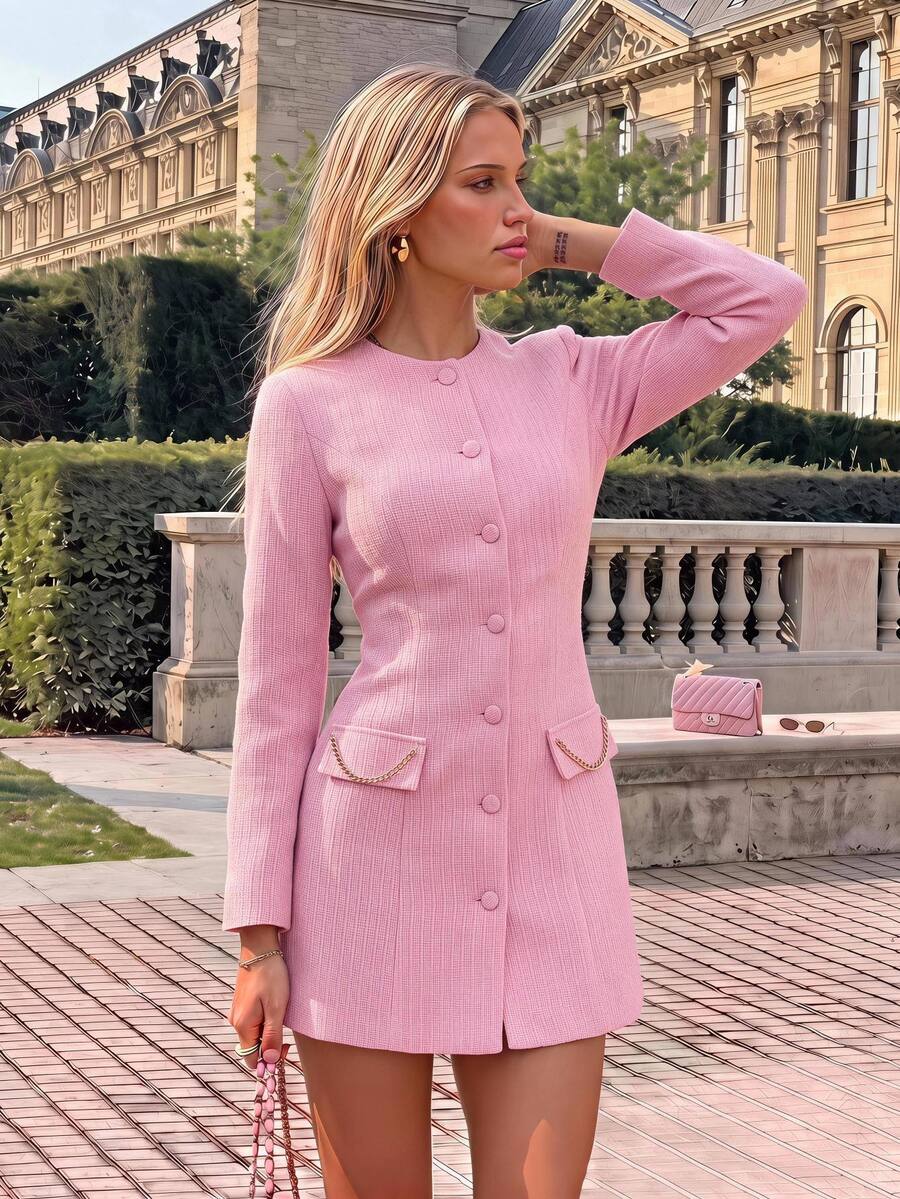 KARISMINA Women's Elegant Commute Front Button Pink Tweed Long-Sleeved Short Dress, Going Out, Elegant Dress ,A-Line Slimming,Fall/Winter - Pink - View 1