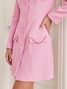 KARISMINA Women's Elegant Commute Front Button Pink Tweed Long-Sleeved Short Dress, Going Out, Elegant Dress  ,A-Line Slimming,Fall/Winter - Pink - View 5
