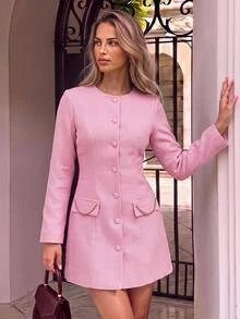 KARISMINA Women's Elegant Commute Front Button Pink Tweed Long-Sleeved Short Dress, Going Out, Elegant Dress  ,A-Line Slimming,Fall/Winter - Pink - View 11