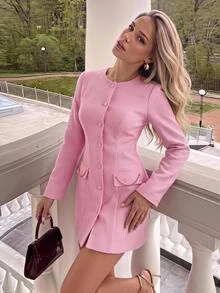 KARISMINA Women's Elegant Commute Front Button Pink Tweed Long-Sleeved Short Dress, Going Out, Elegant Dress  ,A-Line Slimming,Fall/Winter - Pink - View 12