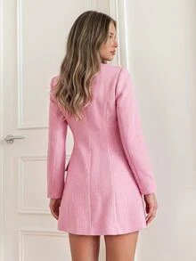 KARISMINA Women's Elegant Commute Front Button Pink Tweed Long-Sleeved Short Dress, Going Out, Elegant Dress  ,A-Line Slimming,Fall/Winter - Pink - View 4