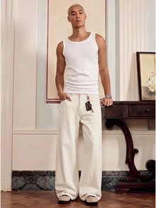 SWAVVY Men's Casual Daily Travel Denim Jeans With Pockets And Buttons - White - View 2