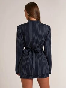SHEIN BAE Women's Striped Long Sleeve Single Button Jacket And Skirt Suit Set - Navy Blue - View 2