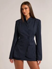 SHEIN BAE Women's Striped Long Sleeve Single Button Jacket And Skirt Suit Set - Navy Blue - View 1
