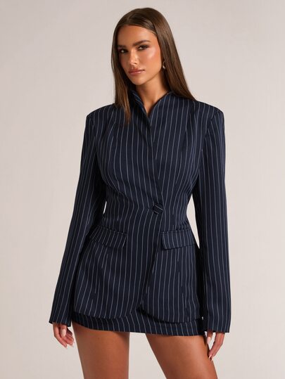 SHEIN BAE Bộ vest nữ áo khoác tay dài kẻ sọc cài một cúc và chân váy