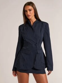 SHEIN BAE Women's Striped Long Sleeve Single Button Jacket And Skirt Suit Set - Navy Blue - View 5