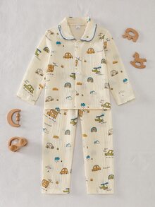 1套男童幼兒翻領長袖上衣與長褲套裝，米色可愛卡通小車彩虹印花，柔軟休閒秋冬睡衣 - 杏色 - 查看 3