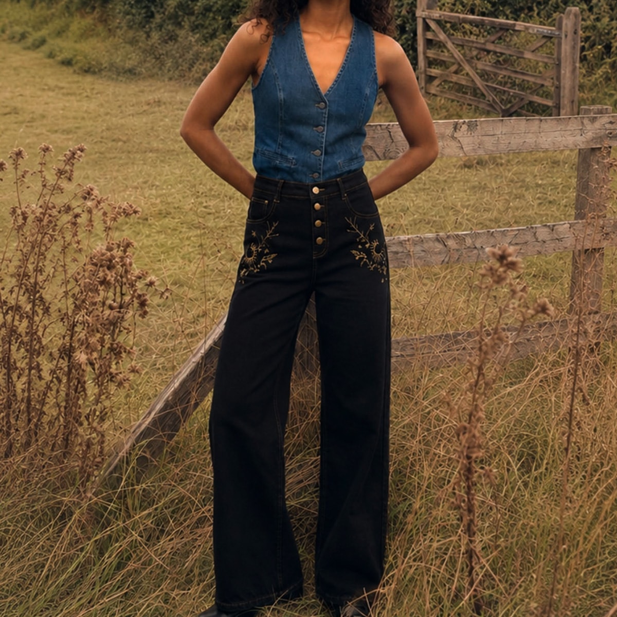 Black Floral Embroidered Denim Wide-Leg Baggy Jeans, view 9
