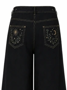 Zerodot Women Black Floral Embroidered Denim Wide-Leg Baggy Jeans Casual Daily Fall Pre Fall - Black - View 7