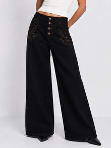 Zerodot Women Black Floral Embroidered Denim Wide-Leg Baggy Jeans Casual Daily Fall Pre Fall - Black - View 3
