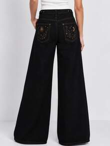 Zerodot Women Black Floral Embroidered Denim Wide-Leg Baggy Jeans Casual Daily Fall Pre Fall - Black - View 2