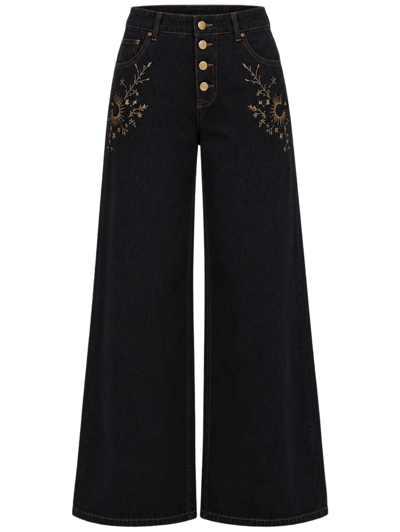 Black Floral Embroidered Denim Wide-Leg Baggy Jeans, view 5